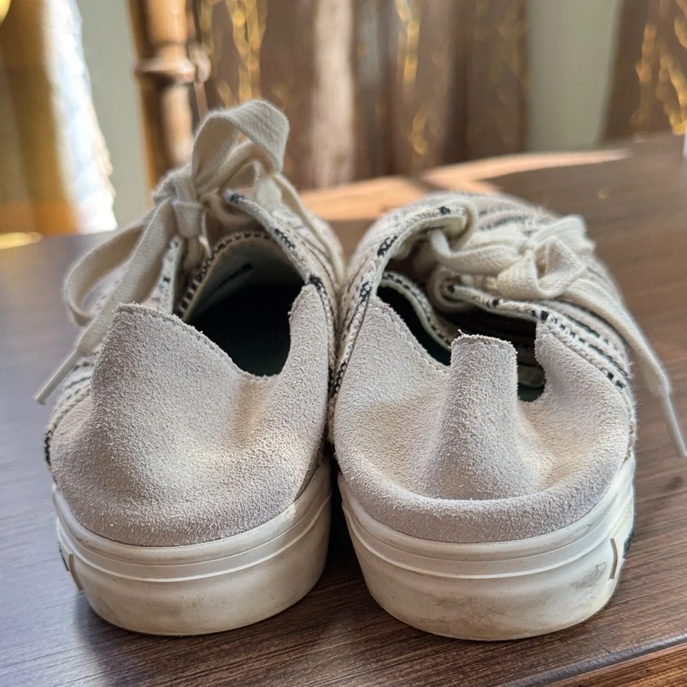 SeaVees Beige and Black Striped Sneakers with Suede Heel.
